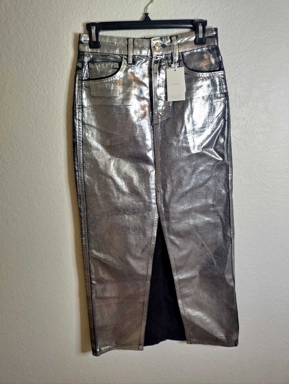 NWT Mango Metallic Slip Front Pencil Midi Skirt Sz S